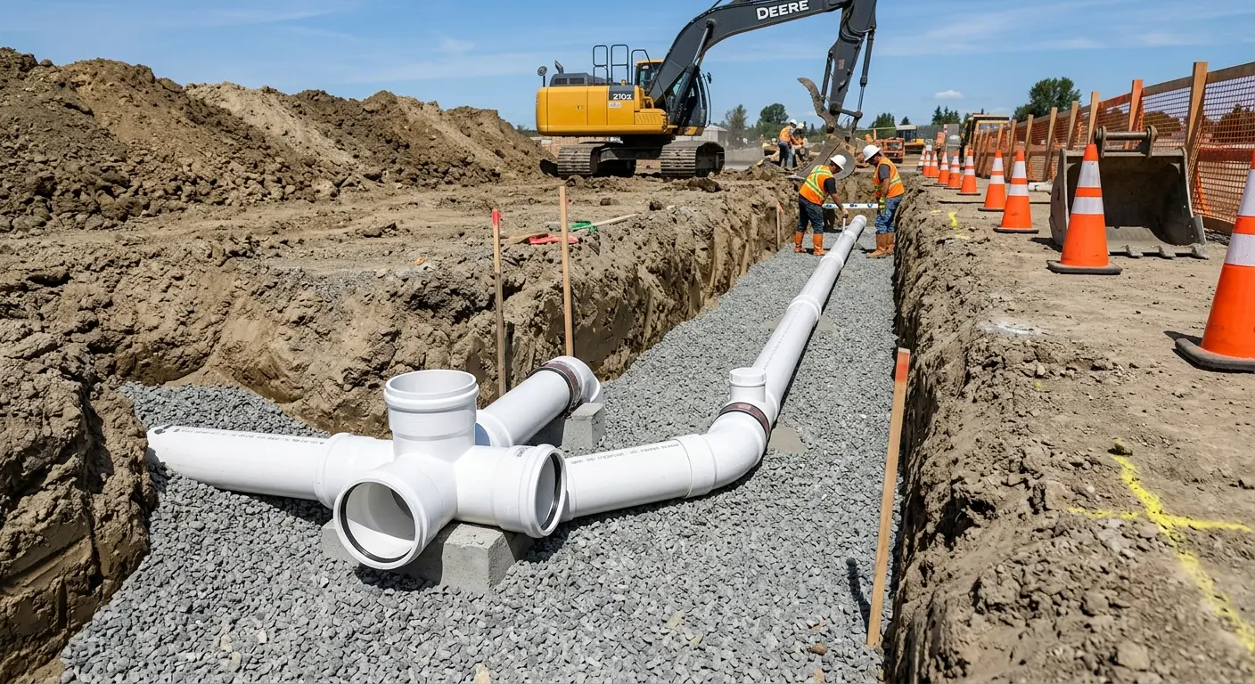 New PVC sewer pipe installation in open trench for Sewer Backup in Los Lunas