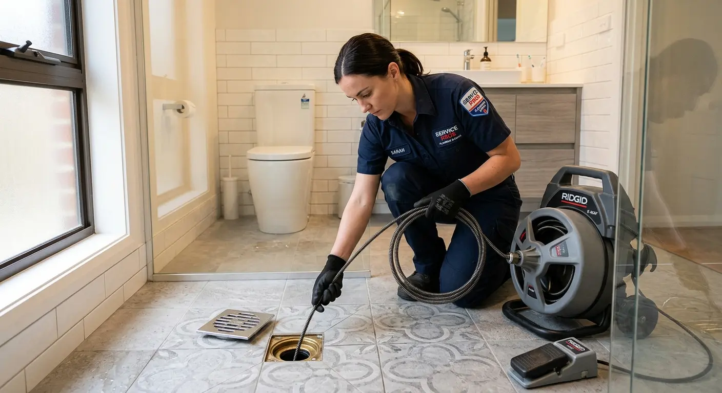 Technician clearing a bathroom floor drain for Clogged Drain Repair in Los Lunas